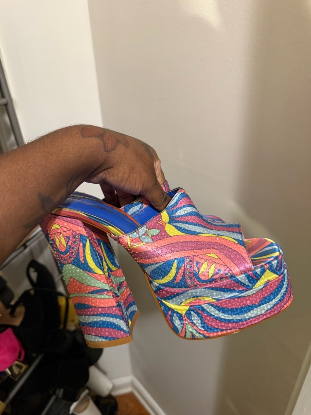 Colorful Multi-Print Platform Heels - Pink Blue Yellow
